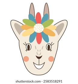 Smiling goat with a colorful flower crown. Vector illustration.