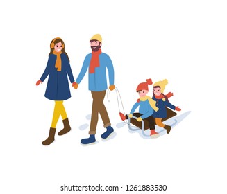 Smiling going mum and dad holding each others with sitting daughter and son on sleigh. Family winter going outdoor vector in flat style isolated on white