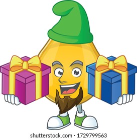 A smiling gold hair serum cartoon design having Christmas gifts