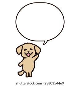 A smiling golden retriever standing on two legs with a speech bubble.