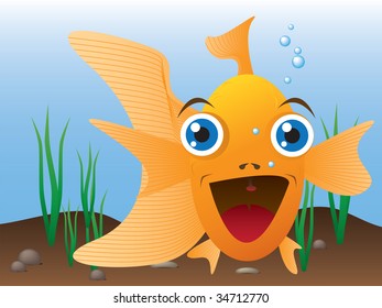A smiling goldfish looks out from it's aquarium
