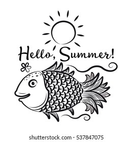 Smiling goldfish in a pineapple floating on the waves on a background of the sun,  Hello, summer,  Cartoon, vector, black, isolated.