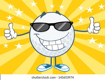 Smiling Golf Ball Cartoon Character With Sunglasses Giving A Thumb Up. Vector Illustration