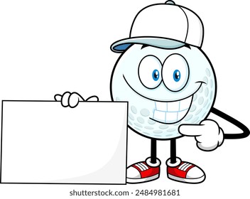 Personaje De Dibujos Animados De Pelota De Golf Sonriente Apuntando A Un Signo En Blanco. Vector Dibujado A Mano Ilustración Aislado Sobre Fondo Transparente