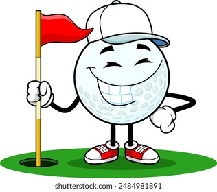 Smiling Golf Ball Cartoon Character Holding Golf Flag. Vector Hand Drawn Illustration Isolated On Transparent Background