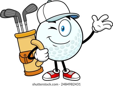 Smiling Golf Ball Cartoon Character Holding Golf Bag And Waving. Vector Hand Drawn Illustration Isolated On Transparent Background