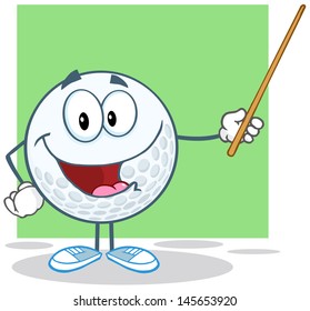 Smiling Golf Ball Character Holding A Pointer. Vector Illustration