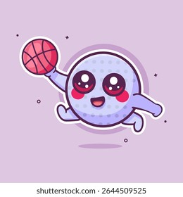 smiling golf ball character mascot playing basketball isolated cartoon