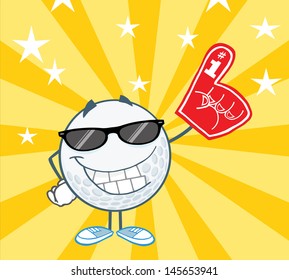 Smiling Golf Ball Character With Sunglasses And Foam Finger. Vector Illustration