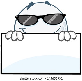 Smiling Golf Ball With Sunglasses Hiding  Behind A Sign. Vector Illustration