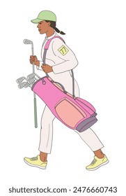 smiling golf club staff character African American female caddiewith golf club and club bag