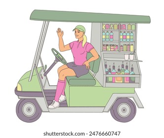 smiling golf club staff character female caddie driving a beverage golf cart