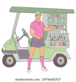 smiling golf club staff character female caddie with golf car buggy