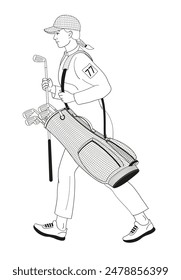 smiling golf club staff character  female caddiewith golf club and club bag