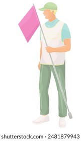 personaje masculino del personal del club de golf sonriente caddie con bandera