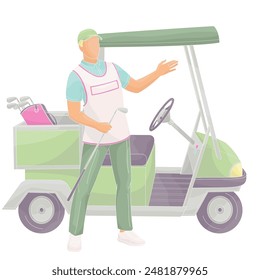 smiling golf club staff character  male caddie with golf car buggy