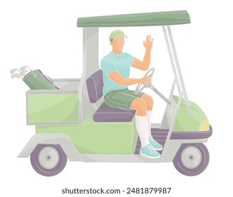 smiling golf club staff character male caddie driving a golf cart