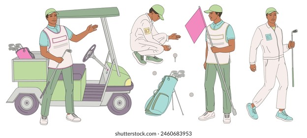 smiling golf club staff part 3 African American male  caddie, golf cart, caddy man with flag, golf ball, clubs, golf bag