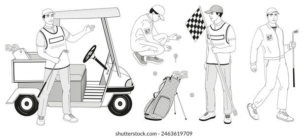 smiling golf club staff part 3 African American male  caddie, golf cart, caddy man with flag, golf ball, clubs, golf bag black and white outline vector illustration