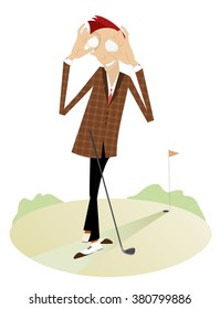 Smiling golfer holds balls instead of eyes