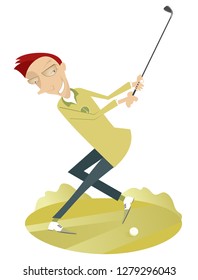 Smiling golfer on the golf course illustration. Smiling golfer man aiming to do a good kick illustration
