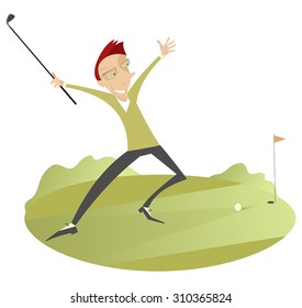 Smiling golfer on the golf course enjoys good hit