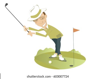 Smiling golfer on the golf course. Smiling golfer in the hat is trying to send the ball to the hole 
