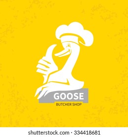 Smiling goose doing the thumbs up sign.The object is isolated on a yellow background.Goose in a cook cap. Vector flat illustration