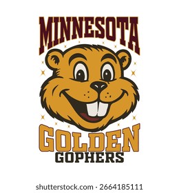 Smiling gopher mascot illustration with Minnesota Golden Gophers text for sports and fan apparel