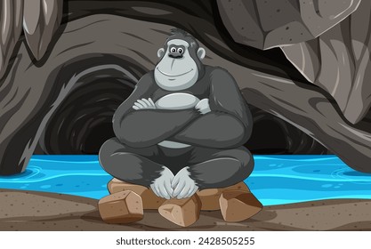 Smiling gorilla sitting by a serene blue river