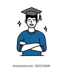 A smiling graduate with arms crossed, wearing a mortarboard cap, surrounded by sparkling stars, symbolizing success and academic achievement.