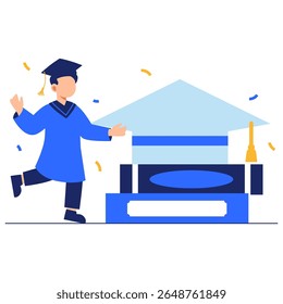 A smiling graduate in blue attire proudly holds a diploma and lifts a graduation cap, symbolizing academic success and joyful celebration.