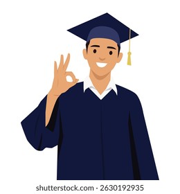 Smiling graduate in a cap and gown makes an OK hand gesture, expressing satisfaction and pride. Flat vector illustration isolated on white background