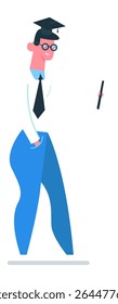 Smiling graduate student with glasses, wearing a mortarboard and a tie, holds a pen and stands with one hand in his pocket, celebrating his recent academic achievement