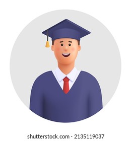 Smiling Graduate Student Wearing Academic Robe And Graduation Cap. 3d Vector People Character Illustration.Cartoon Minimal Style.