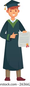 Smiling graduate student wearing an academic gown and cap, pointing at his diploma with a golden seal and red ribbon, celebrating his academic achievement