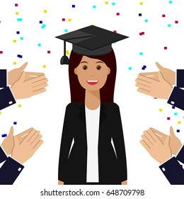 Smiling graduate student wearing graduation hat. Hands clap, applaud graduate. Education, approval, good job concept. Flat style design illustration.