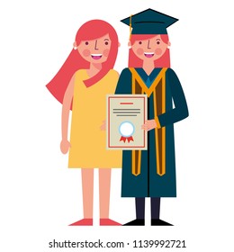 smiling graduate woman holds certificate and her mother
