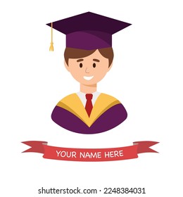 Smiling graduates guy in graduation hat and gown. Graduation greeting card. Vector icon. 