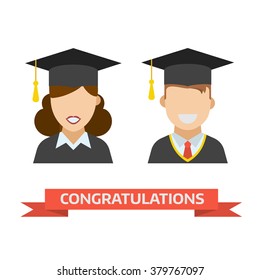 Smiling graduation man and woman education students. Graduates guy and girl in graduation hats and gown vector icon. Happy and joy grad people. Congratulation card.