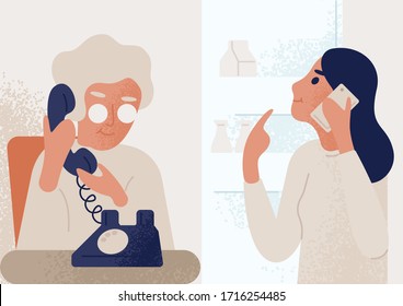 Smiling Granddaughter Talking To Elderly Mother Or Granny On Telephone. Family Distant Communication Scene. Women Phone Dialog, Discussion. Colorful Vector Illustration In Flat Cartoon Style