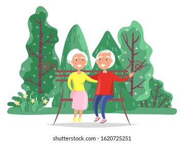 Smiling grandfather embracing grandmother and sitting on bench in park. Happy elderly people in casual clothes relaxing on wooden seat near green spruce. Older male and female in dating vector
