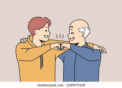 Smiling grandfather and grandson give fists bump show bonding and connection. Happy younger and older generation friendship. Vector illustration. 