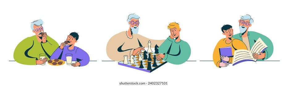 Smiling grandfather and grandson spending time together, reading book, having dinner, playing chess