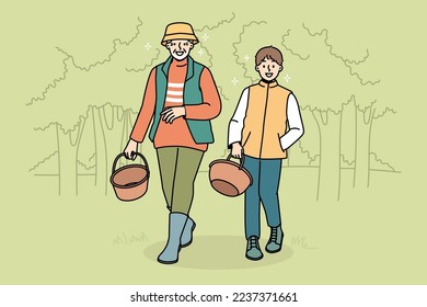 Smiling grandfather and grandson walking in forest with baskets. Happy granddad and grandchild look for mushrooms in wood together. Vector illustration. 