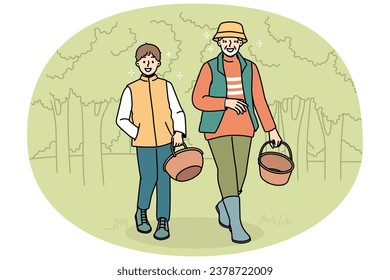 Smiling grandfather and grandson walking in forest with baskets. Happy granddad and grandchild look for mushrooms in wood together. Vector illustration.