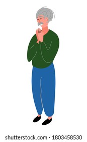 Smiling grandfather with mustache is standing with his hands together. Friendly cartoon flat old person male character. Happy pension lifestyle. Stock vector illustration on white isolated background.