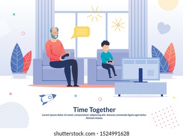 Smiling Grandfather Spending Joyful Time with Grandchild Poster. Cartoon Granny Playing Video Games with Grandchild. Happy Weekend at Home. Living Room Interior. Vector Flat illustration
