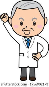 A smiling grandfather in a white coat poses to raise his fist