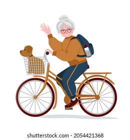 Smiling grandma rides a bicycle. On the back is a backpack with a bottle of water. There is a dog sitting in the basket. The concept of longevity and a healthy lifestyle. Vector illustration